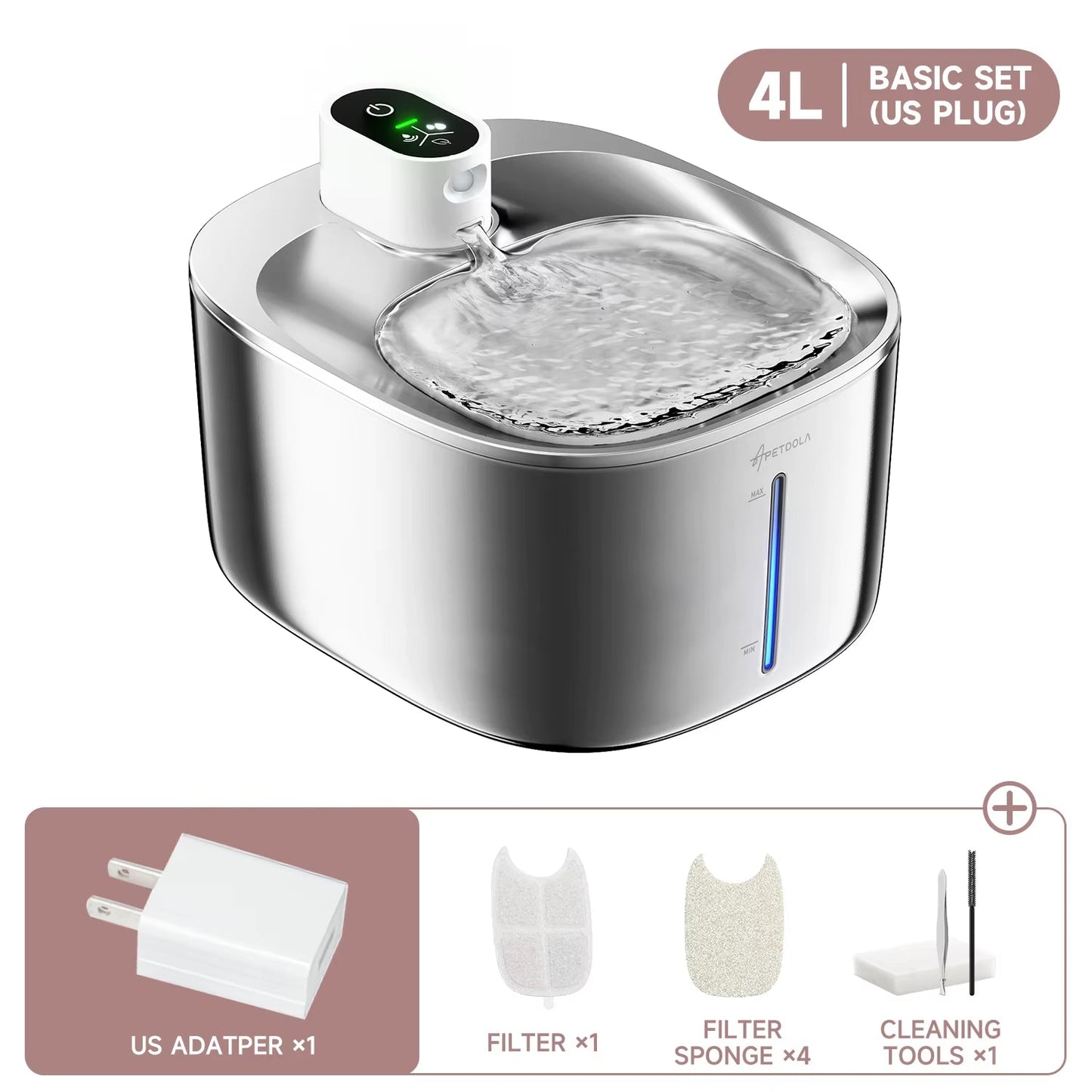 Automatic wireless cat water fountain, 4L capacity, stainless steel, silent operation with US plug and accessories.