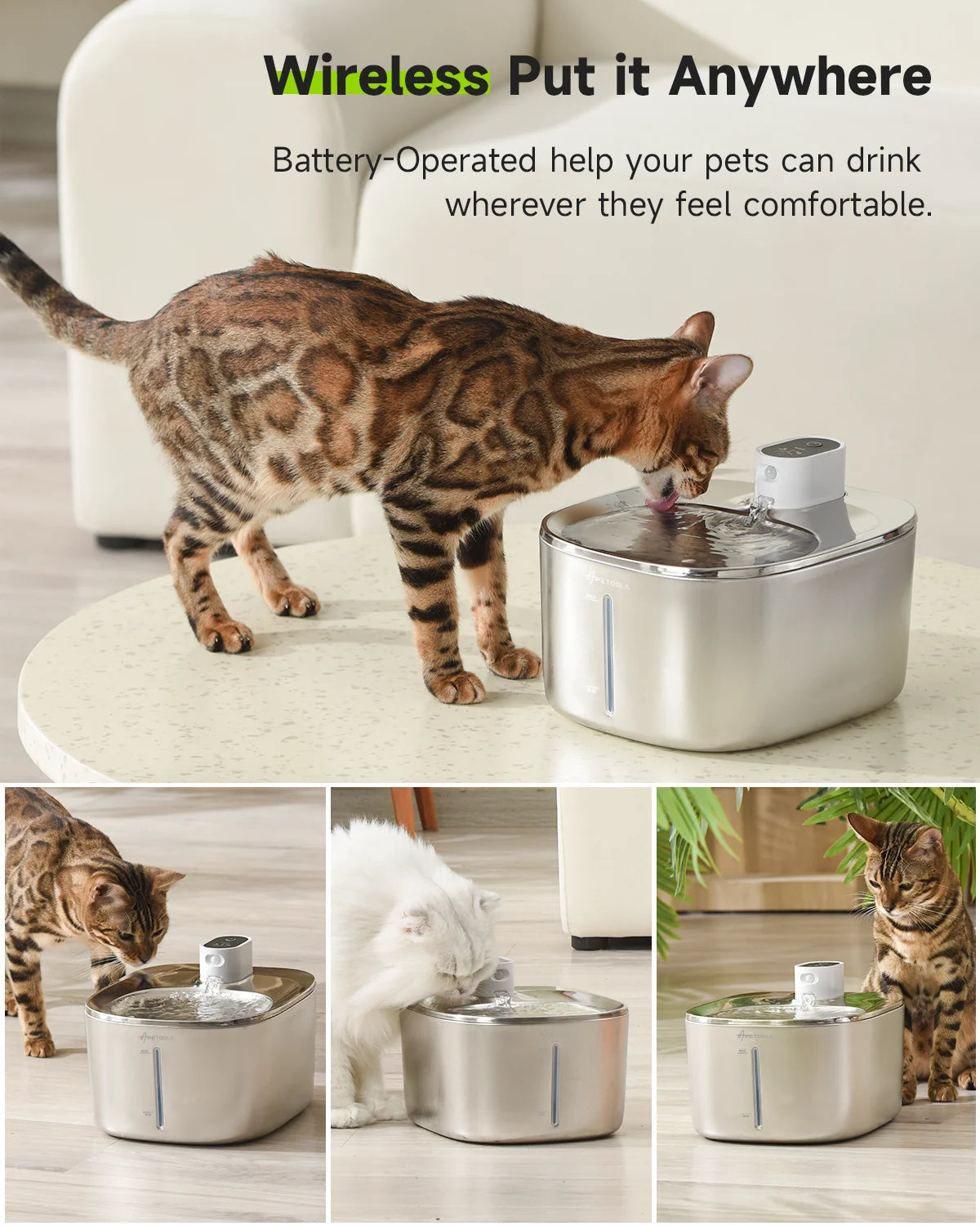 Automatic wireless cat water fountain with stainless steel design.