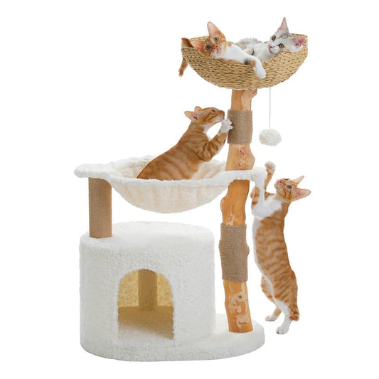 PurrComfort™ Natural Elegance cat furniture with rattan and wood design, featuring multi-levels for play and rest, including a woven basket and plush hammock, ideal for large cats.