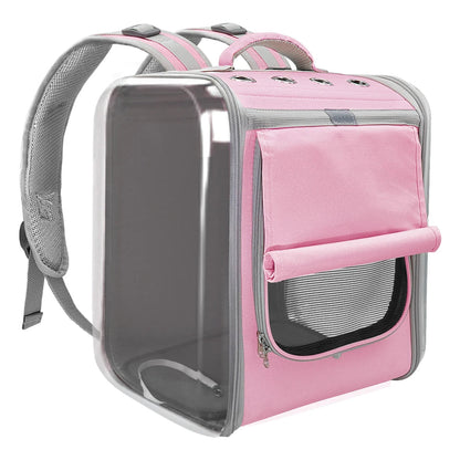 Pink portable cat carrier backpack with breathable mesh panels and adjustable straps for small pets.